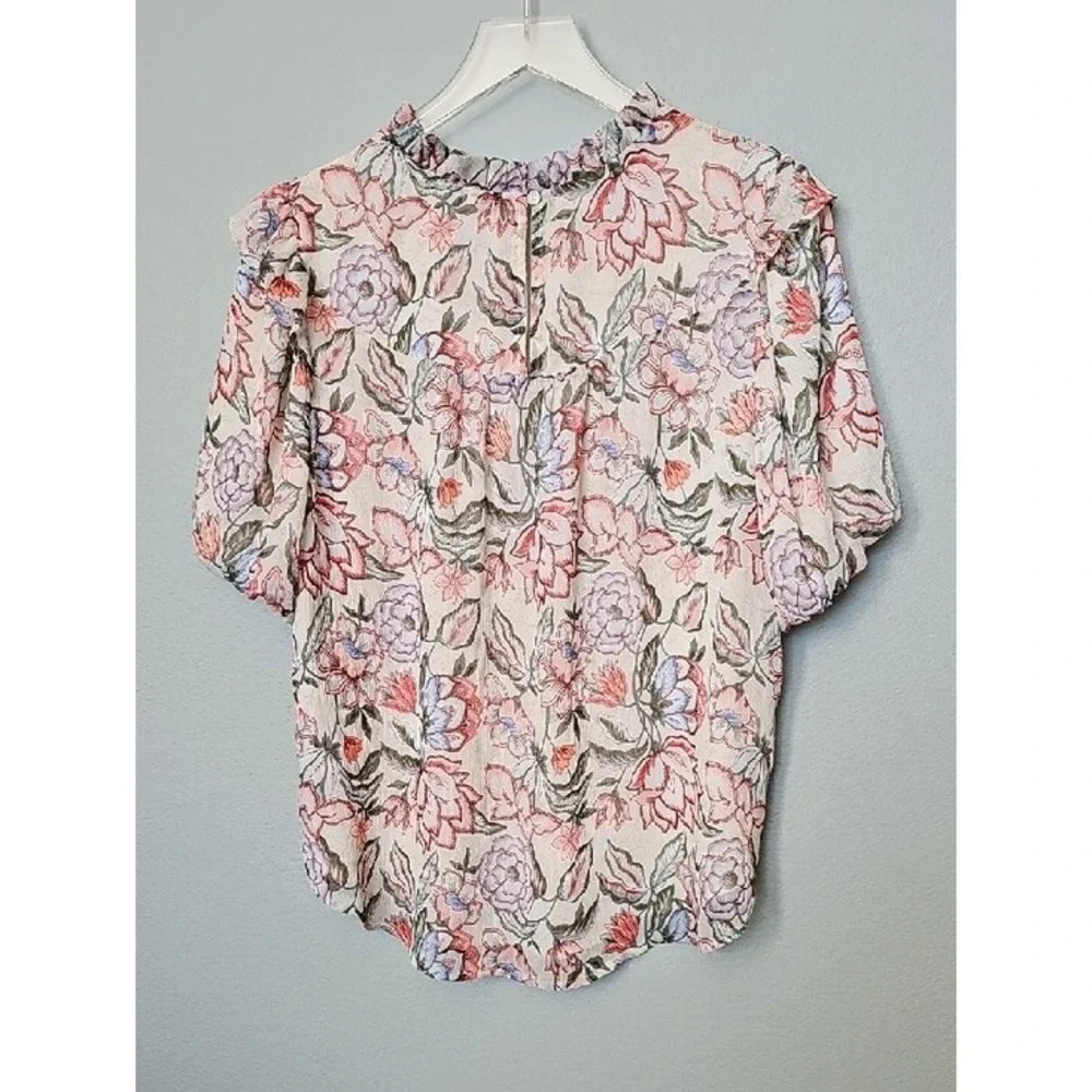 LOFT Women Cottagecore Floral Ruffle Neck Puff Sleeve Lined Blouse Size Large